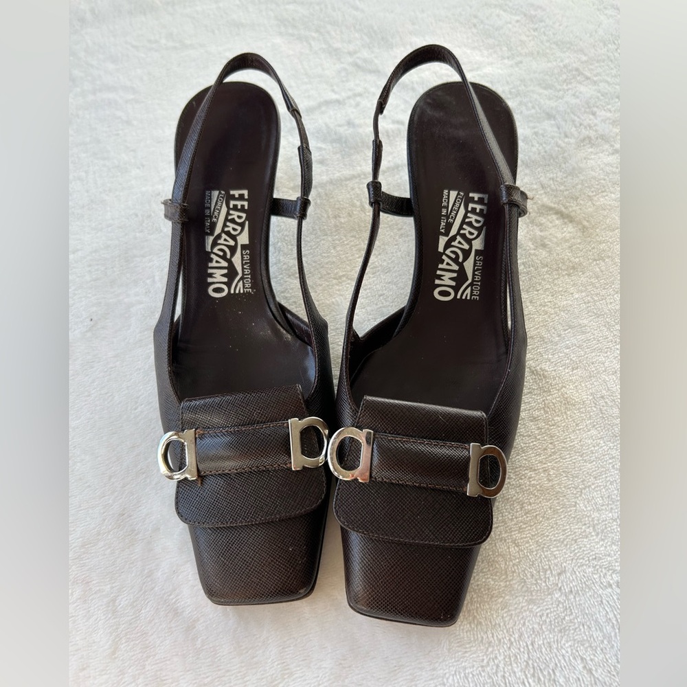 Vintage Ferragamo Brown Square Toe Kitten Heel Leather Slingback Sz 7.5 2A
